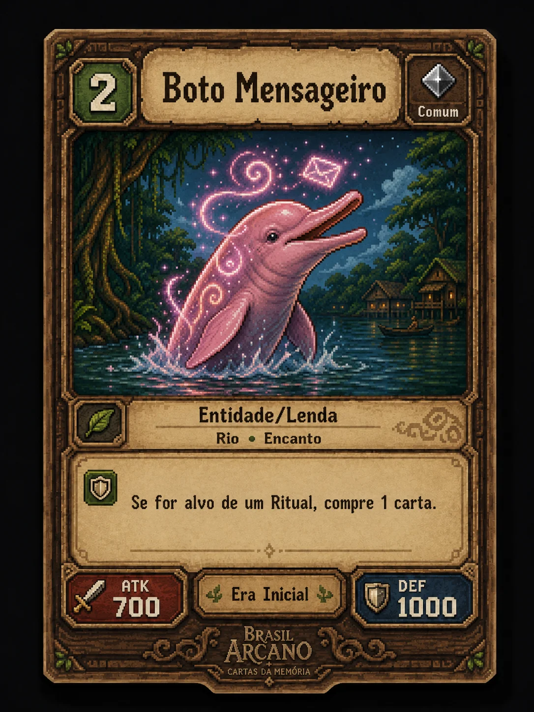 Carta Boto Mensageiro em pixel art para Brasil Arcano