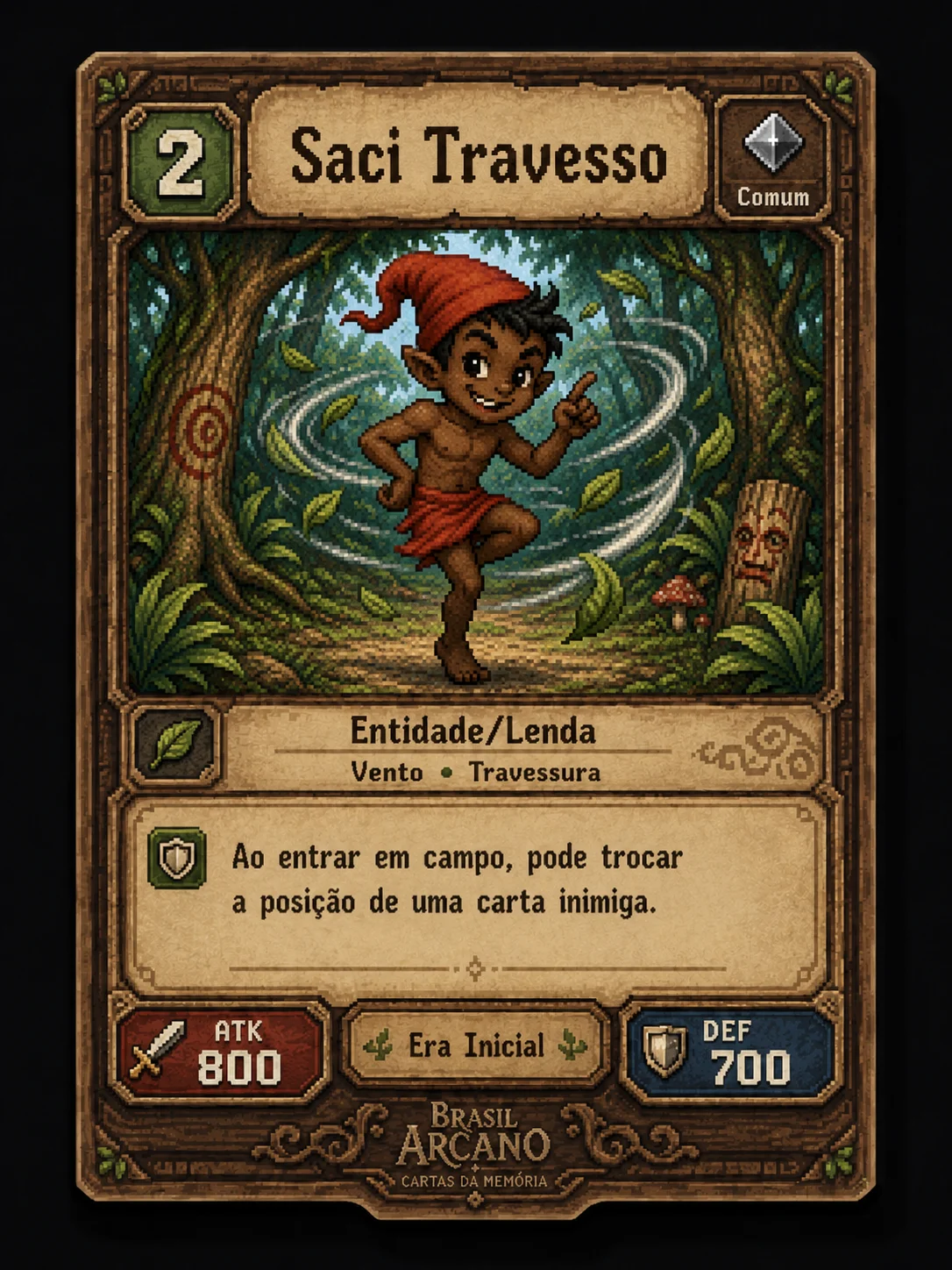 Carta Saci Travesso em pixel art para Brasil Arcano
